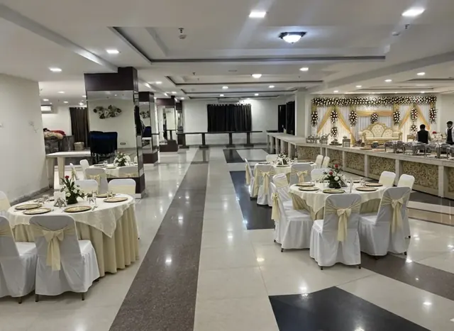 Banquet hall set for a reception